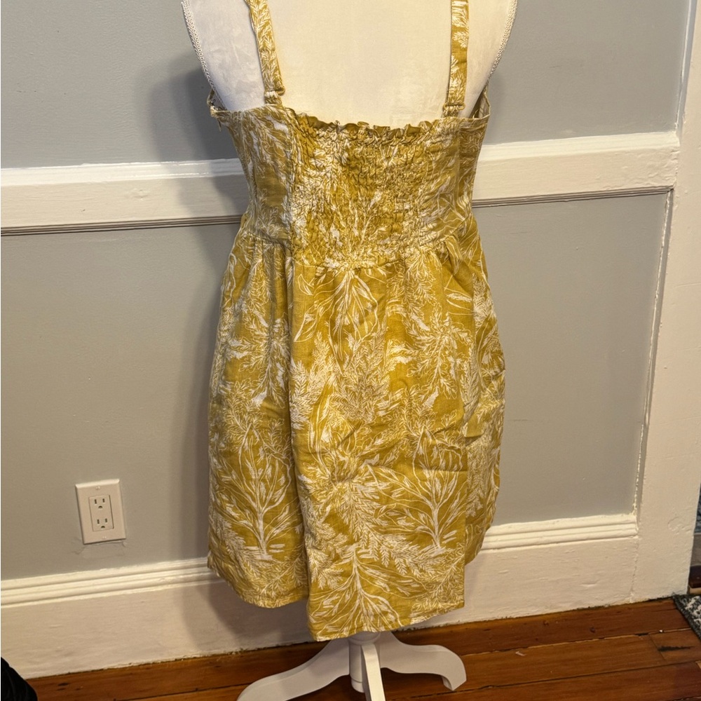 Tahari Midi Tropical Print Yellow Smocked Cotton Linen Casual Sundress - Picture 4 of 7